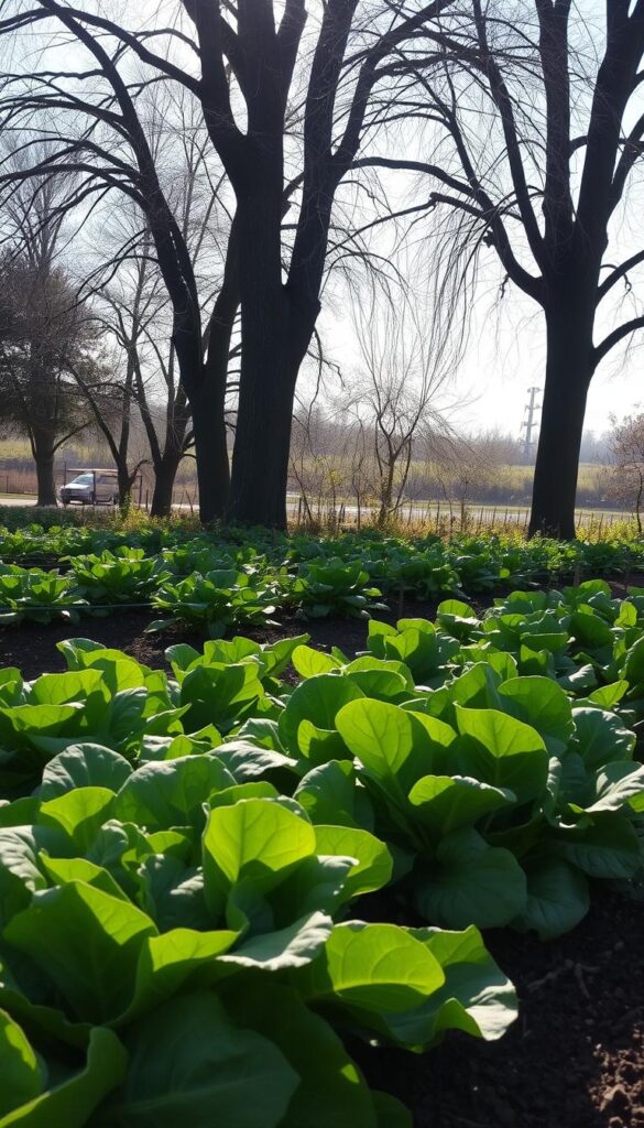 A serene garden scene showcasing the interplay of seasonal light and shade. In the foreground, lush leafy greens of cool-season crops like spinach and lettuce soak up the gentle spring sun, their leaves casting soft, intricate shadows on the well-tended soil. In the middle ground, tall, wispy trees with delicate, recently unfurled foliage filter the warm rays, creating a mottled pattern of light and dark. The background fades into a hazy, atmospheric landscape, hinting at the transition to fall's cooler temperatures and the return of the optimal growing conditions for these shade-loving plants. The entire composition is imbued with a sense of tranquility and the cyclical rhythms of nature. A serene garden scene showcasing the interplay of seasonal light and shade. In the foreground, lush leafy greens of cool-season crops like spinach and lettuce soak up the gentle spring sun, their leaves casting soft, intricate shadows on the well-tended soil. In the middle ground, tall, wispy trees with delicate, recently unfurled foliage filter the warm rays, creating a mottled pattern of light and dark. The background fades into a hazy, atmospheric landscape, hinting at the transition to fall's cooler temperatures and the return of the optimal growing conditions for these shade-loving plants. The entire composition is imbued with a sense of tranquility and the cyclical rhythms of nature.