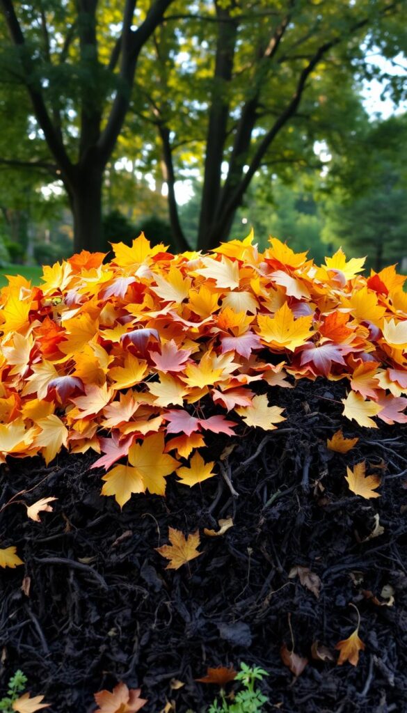 A serene garden scene, with a lush pile of freshly fallen autumn leaves resting atop a well-tended compost heap. The leaves, in hues of golden yellow, fiery red, and earthy brown, form a visually captivating focal point, illuminated by soft, diffused natural light filtering through the canopy of surrounding trees. The compost heap, a rich, dark mound, exudes the earthy, fertile aroma of decomposing organic matter, hinting at the transformative process that will eventually yield nutrient-dense soil. The overall composition conveys a sense of balance, as the natural cycles of life and decay come together to create the foundation for future growth and renewal. A serene garden scene, with a lush pile of freshly fallen autumn leaves resting atop a well-tended compost heap. The leaves, in hues of golden yellow, fiery red, and earthy brown, form a visually captivating focal point, illuminated by soft, diffused natural light filtering through the canopy of surrounding trees. The compost heap, a rich, dark mound, exudes the earthy, fertile aroma of decomposing organic matter, hinting at the transformative process that will eventually yield nutrient-dense soil. The overall composition conveys a sense of balance, as the natural cycles of life and decay come together to create the foundation for future growth and renewal.