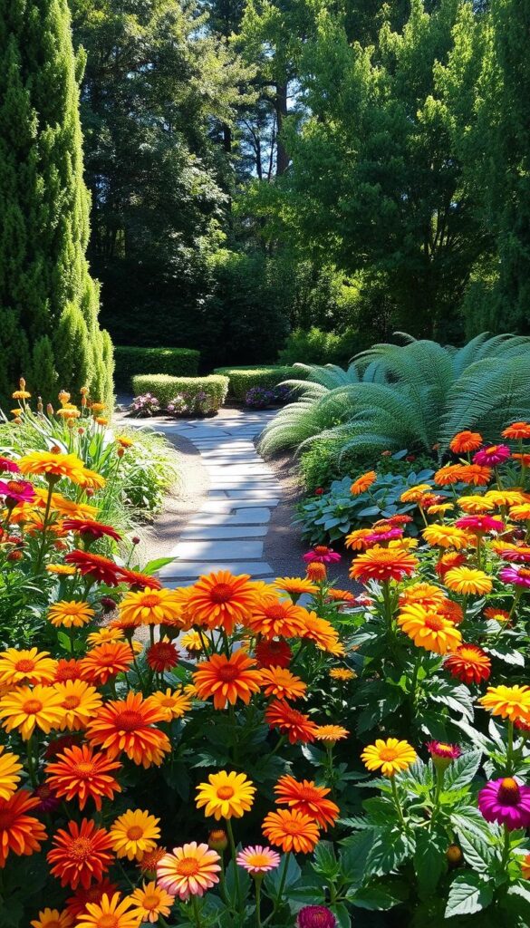 A serene garden scene with a sunlit border of vibrant fall flowers contrasting against a shaded, lush green background. In the foreground, an array of chrysanthemums, marigolds, and zinnias bask in the warm glow of the sun, their petals radiating an autumnal palette of oranges, yellows, and reds. The middle ground features a meandering stone path leading into a cool, shaded area where delicate ferns and hostas thrive in the dappled light. Tall, verdant trees frame the scene, casting soft shadows that dance across the garden. A sense of harmony and balance between sun and shade, complementing the seasonal blooms. A serene garden scene with a sunlit border of vibrant fall flowers contrasting against a shaded, lush green background. In the foreground, an array of chrysanthemums, marigolds, and zinnias bask in the warm glow of the sun, their petals radiating an autumnal palette of oranges, yellows, and reds. The middle ground features a meandering stone path leading into a cool, shaded area where delicate ferns and hostas thrive in the dappled light. Tall, verdant trees frame the scene, casting soft shadows that dance across the garden. A sense of harmony and balance between sun and shade, complementing the seasonal blooms.
