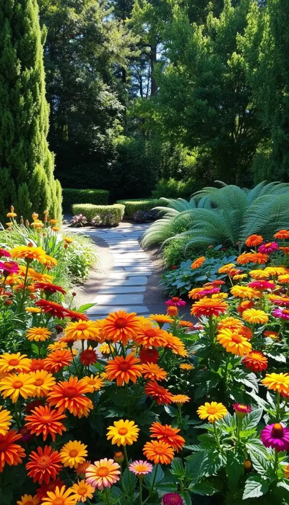 A serene garden scene with a sunlit border of vibrant fall flowers contrasting against a shaded, lush green background. In the foreground, an array of chrysanthemums, marigolds, and zinnias bask in the warm glow of the sun, their petals radiating an autumnal palette of oranges, yellows, and reds. The middle ground features a meandering stone path leading into a cool, shaded area where delicate ferns and hostas thrive in the dappled light. Tall, verdant trees frame the scene, casting soft shadows that dance across the garden. A sense of harmony and balance between sun and shade, complementing the seasonal blooms. A serene garden scene with a sunlit border of vibrant fall flowers contrasting against a shaded, lush green background. In the foreground, an array of chrysanthemums, marigolds, and zinnias bask in the warm glow of the sun, their petals radiating an autumnal palette of oranges, yellows, and reds. The middle ground features a meandering stone path leading into a cool, shaded area where delicate ferns and hostas thrive in the dappled light. Tall, verdant trees frame the scene, casting soft shadows that dance across the garden. A sense of harmony and balance between sun and shade, complementing the seasonal blooms.