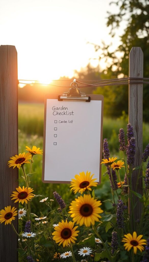 A serene garden scene, with a weathered wooden fence in the background, framing a lush, verdant landscape. In the foreground, a clipboard hangs on the fence, displaying a hand-written "Garden Checklist" against a backdrop of vibrant flowers, including cheerful sunflowers, delicate daisies, and fragrant lavender. The warm, golden light of a sunset filters through the scene, casting a gentle glow and creating long, soft shadows. The overall atmosphere is one of tranquility, organization, and a harmonious connection between the gardener and their thriving, natural oasis. A serene garden scene, with a weathered wooden fence in the background, framing a lush, verdant landscape. In the foreground, a clipboard hangs on the fence, displaying a hand-written "Garden Checklist" against a backdrop of vibrant flowers, including cheerful sunflowers, delicate daisies, and fragrant lavender. The warm, golden light of a sunset filters through the scene, casting a gentle glow and creating long, soft shadows. The overall atmosphere is one of tranquility, organization, and a harmonious connection between the gardener and their thriving, natural oasis.