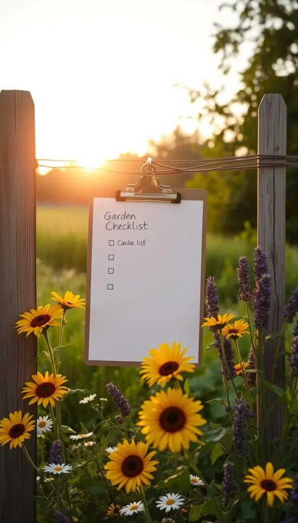 A serene garden scene, with a weathered wooden fence in the background, framing a lush, verdant landscape. In the foreground, a clipboard hangs on the fence, displaying a hand-written "Garden Checklist" against a backdrop of vibrant flowers, including cheerful sunflowers, delicate daisies, and fragrant lavender. The warm, golden light of a sunset filters through the scene, casting a gentle glow and creating long, soft shadows. The overall atmosphere is one of tranquility, organization, and a harmonious connection between the gardener and their thriving, natural oasis. A serene garden scene, with a weathered wooden fence in the background, framing a lush, verdant landscape. In the foreground, a clipboard hangs on the fence, displaying a hand-written "Garden Checklist" against a backdrop of vibrant flowers, including cheerful sunflowers, delicate daisies, and fragrant lavender. The warm, golden light of a sunset filters through the scene, casting a gentle glow and creating long, soft shadows. The overall atmosphere is one of tranquility, organization, and a harmonious connection between the gardener and their thriving, natural oasis.