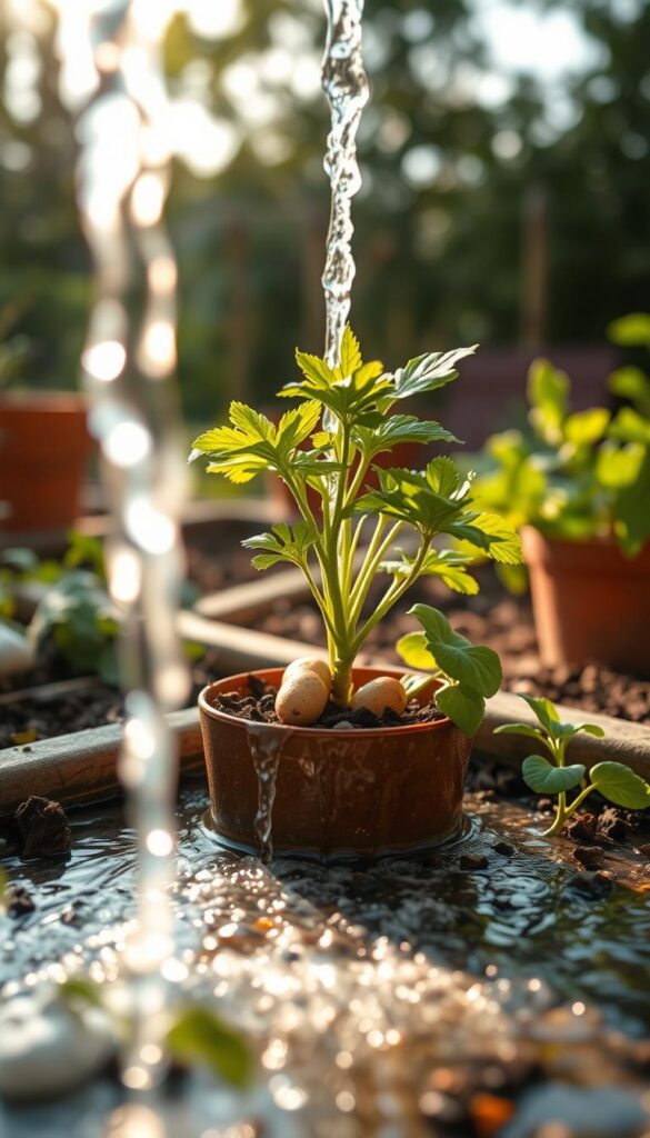 A serene garden setting, a potted potato plant gently swaying as water cascades over the soil, creating a mesmerizing rhythm. Soft, natural light filters through wispy clouds, casting a warm glow on the verdant leaves and moist earth. The camera angle is slightly elevated, allowing the viewer to observe the water's hypnotic flow as it nourishes the plant's roots. The overall mood is one of tranquility and harmony, reflecting the patient, steady care required for a bountiful potato harvest. A serene garden setting, a potted potato plant gently swaying as water cascades over the soil, creating a mesmerizing rhythm. Soft, natural light filters through wispy clouds, casting a warm glow on the verdant leaves and moist earth. The camera angle is slightly elevated, allowing the viewer to observe the water's hypnotic flow as it nourishes the plant's roots. The overall mood is one of tranquility and harmony, reflecting the patient, steady care required for a bountiful potato harvest.