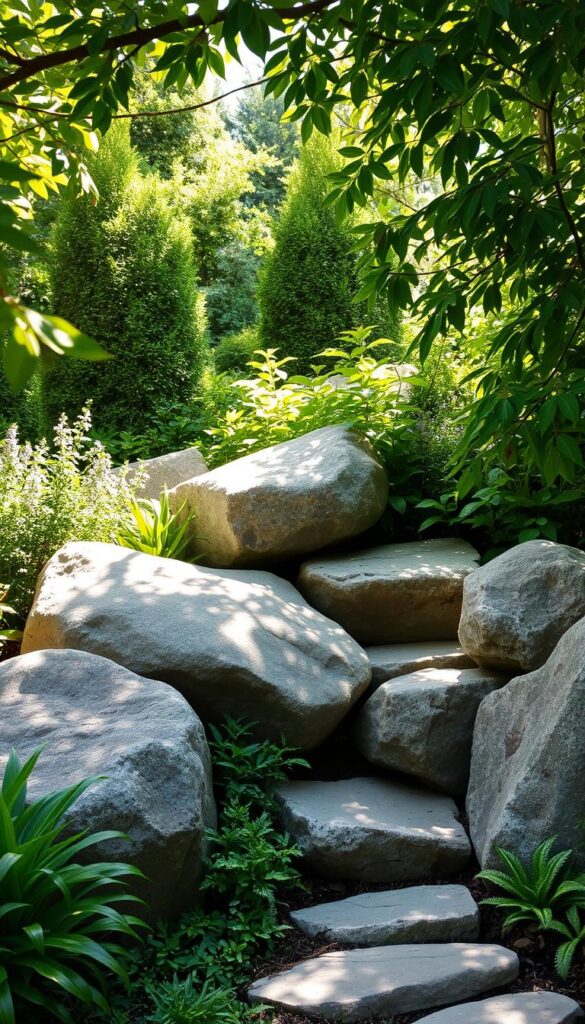A serene garden setting with a harmonious arrangement of smooth, weathered boulders nestled amidst lush greenery. The boulders are strategically placed, creating an organic, naturalistic composition that seamlessly blends with the surrounding foliage. Dappled sunlight filters through the canopy, casting warm, gentle shadows that accentuate the rugged textures and contours of the stones. The placement of the boulders forms inviting crevices and pockets, suggesting a sense of discovery and exploration. This tranquil scene evokes a calming, contemplative atmosphere, perfectly suited to showcase the integration of stones within a vibrant, thriving flower garden design. A serene garden setting with a harmonious arrangement of smooth, weathered boulders nestled amidst lush greenery. The boulders are strategically placed, creating an organic, naturalistic composition that seamlessly blends with the surrounding foliage. Dappled sunlight filters through the canopy, casting warm, gentle shadows that accentuate the rugged textures and contours of the stones. The placement of the boulders forms inviting crevices and pockets, suggesting a sense of discovery and exploration. This tranquil scene evokes a calming, contemplative atmosphere, perfectly suited to showcase the integration of stones within a vibrant, thriving flower garden design.