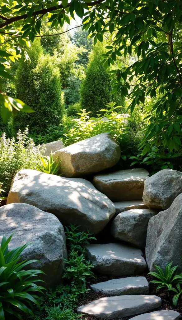 A serene garden setting with a harmonious arrangement of smooth, weathered boulders nestled amidst lush greenery. The boulders are strategically placed, creating an organic, naturalistic composition that seamlessly blends with the surrounding foliage. Dappled sunlight filters through the canopy, casting warm, gentle shadows that accentuate the rugged textures and contours of the stones. The placement of the boulders forms inviting crevices and pockets, suggesting a sense of discovery and exploration. This tranquil scene evokes a calming, contemplative atmosphere, perfectly suited to showcase the integration of stones within a vibrant, thriving flower garden design. A serene garden setting with a harmonious arrangement of smooth, weathered boulders nestled amidst lush greenery. The boulders are strategically placed, creating an organic, naturalistic composition that seamlessly blends with the surrounding foliage. Dappled sunlight filters through the canopy, casting warm, gentle shadows that accentuate the rugged textures and contours of the stones. The placement of the boulders forms inviting crevices and pockets, suggesting a sense of discovery and exploration. This tranquil scene evokes a calming, contemplative atmosphere, perfectly suited to showcase the integration of stones within a vibrant, thriving flower garden design.