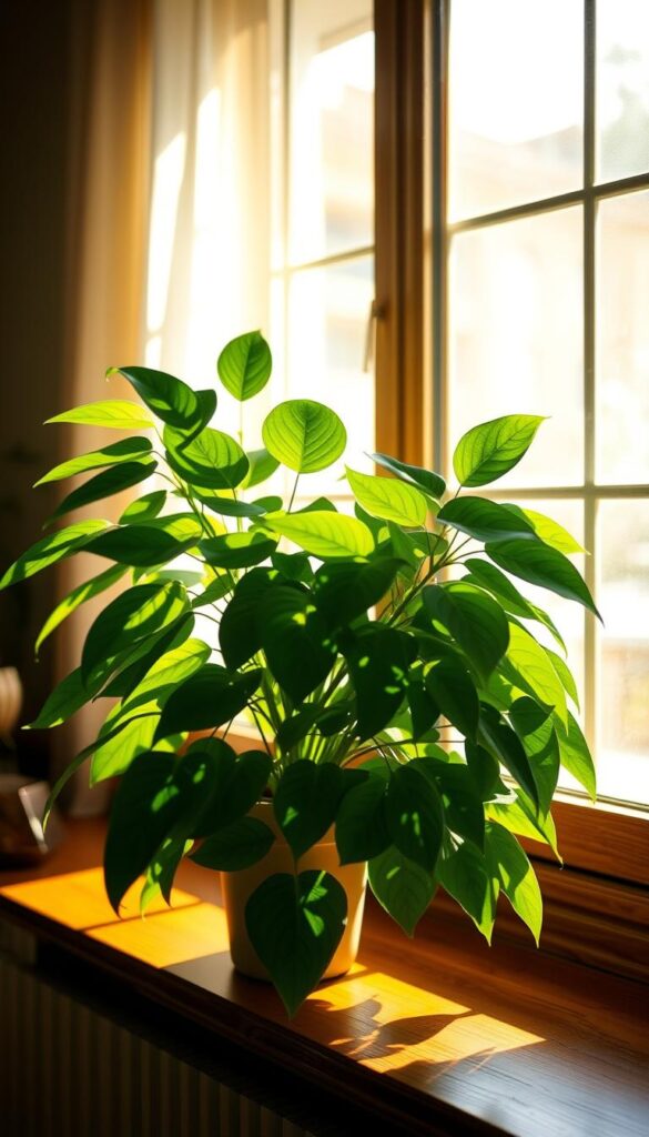 A serene indoor scene with a lush, verdant houseplant bathed in warm, diffused sunlight streaming through a large window. The plant's vibrant green leaves cast intricate shadows on the wooden windowsill, creating a play of light and shadow. The background is a soft, blurred interior, allowing the viewer to focus on the interplay of light and foliage. The lighting is natural and evenly distributed, creating a peaceful, calming atmosphere. The composition is balanced, with the plant positioned off-center to create visual interest. The overall mood is one of tranquility and harmony, reflecting the importance of proper lighting for indoor plants. A serene indoor scene with a lush, verdant houseplant bathed in warm, diffused sunlight streaming through a large window. The plant's vibrant green leaves cast intricate shadows on the wooden windowsill, creating a play of light and shadow. The background is a soft, blurred interior, allowing the viewer to focus on the interplay of light and foliage. The lighting is natural and evenly distributed, creating a peaceful, calming atmosphere. The composition is balanced, with the plant positioned off-center to create visual interest. The overall mood is one of tranquility and harmony, reflecting the importance of proper lighting for indoor plants.