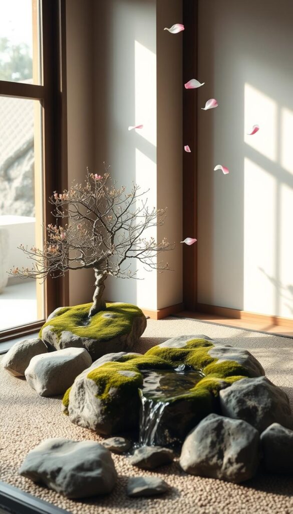 A serene indoor zen garden with carefully arranged rocks, moss-covered bonsai trees, and a small trickling water feature. The scene is bathed in soft, natural lighting from a large window, casting gentle shadows and highlighting the textures of the natural elements. The composition follows the principles of asymmetry and minimalism, creating a calming and contemplative atmosphere. Delicate sakura petals flutter in the air, adding a touch of ephemeral beauty. The overall effect is one of tranquility and balance, inviting the viewer to pause and find inner peace. A serene indoor zen garden with carefully arranged rocks, moss-covered bonsai trees, and a small trickling water feature. The scene is bathed in soft, natural lighting from a large window, casting gentle shadows and highlighting the textures of the natural elements. The composition follows the principles of asymmetry and minimalism, creating a calming and contemplative atmosphere. Delicate sakura petals flutter in the air, adding a touch of ephemeral beauty. The overall effect is one of tranquility and balance, inviting the viewer to pause and find inner peace.