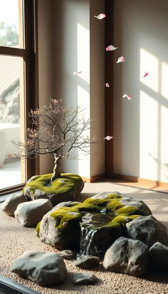 A serene indoor zen garden with carefully arranged rocks, moss-covered bonsai trees, and a small trickling water feature. The scene is bathed in soft, natural lighting from a large window, casting gentle shadows and highlighting the textures of the natural elements. The composition follows the principles of asymmetry and minimalism, creating a calming and contemplative atmosphere. Delicate sakura petals flutter in the air, adding a touch of ephemeral beauty. The overall effect is one of tranquility and balance, inviting the viewer to pause and find inner peace.