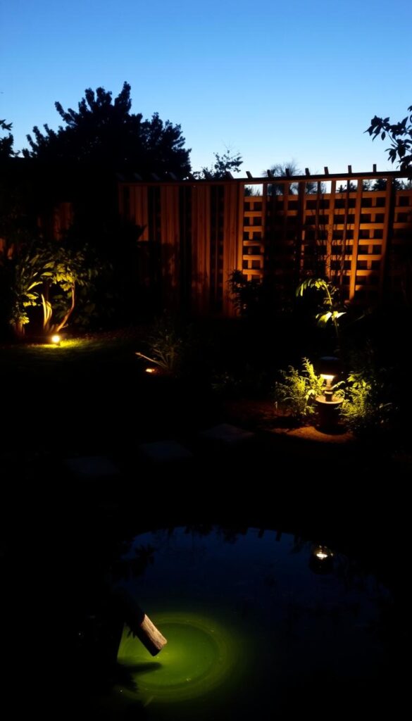 A serene landscape at dusk, with warm, inviting glow emanating from strategically placed outdoor lighting fixtures. Soft pools of light cast gentle shadows across a lush, well-manicured garden, accentuating the textures of plants and foliage. A tranquil pond reflects the flickering illumination, creating a mirror-like surface that amplifies the ambiance. In the background, a weathered wooden fence or trellis delineates the boundaries, its silhouette contrasted against the fading daylight. The overall scene conveys a sense of peaceful, atmospheric illumination, guiding the viewer's eye through the serene nighttime garden. A serene landscape at dusk, with warm, inviting glow emanating from strategically placed outdoor lighting fixtures. Soft pools of light cast gentle shadows across a lush, well-manicured garden, accentuating the textures of plants and foliage. A tranquil pond reflects the flickering illumination, creating a mirror-like surface that amplifies the ambiance. In the background, a weathered wooden fence or trellis delineates the boundaries, its silhouette contrasted against the fading daylight. The overall scene conveys a sense of peaceful, atmospheric illumination, guiding the viewer's eye through the serene nighttime garden.