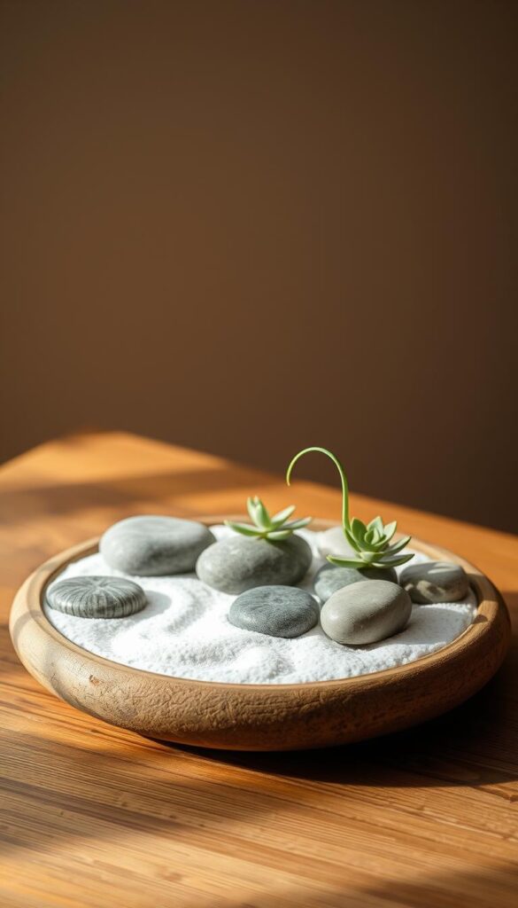 A serene, minimalist indoor zen garden nestled on a wooden table, bathed in soft, warm lighting. Smooth, rounded river stones create a tranquil arrangement, complemented by a single, gracefully curving succulent. Delicate white sand flows between the stones, creating gentle patterns. The scene evokes a sense of harmony, balance, and quiet contemplation, inviting the viewer to pause and find stillness within the chaos of everyday life. A serene, minimalist indoor zen garden nestled on a wooden table, bathed in soft, warm lighting. Smooth, rounded river stones create a tranquil arrangement, complemented by a single, gracefully curving succulent. Delicate white sand flows between the stones, creating gentle patterns. The scene evokes a sense of harmony, balance, and quiet contemplation, inviting the viewer to pause and find stillness within the chaos of everyday life.