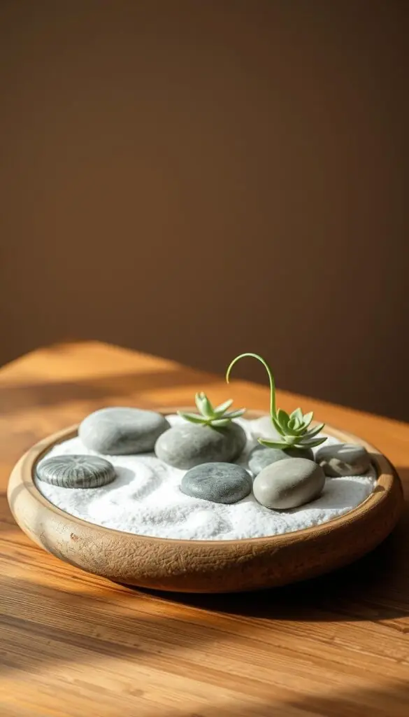 A serene, minimalist indoor zen garden nestled on a wooden table, bathed in soft, warm lighting. Smooth, rounded river stones create a tranquil arrangement, complemented by a single, gracefully curving succulent. Delicate white sand flows between the stones, creating gentle patterns. The scene evokes a sense of harmony, balance, and quiet contemplation, inviting the viewer to pause and find stillness within the chaos of everyday life.