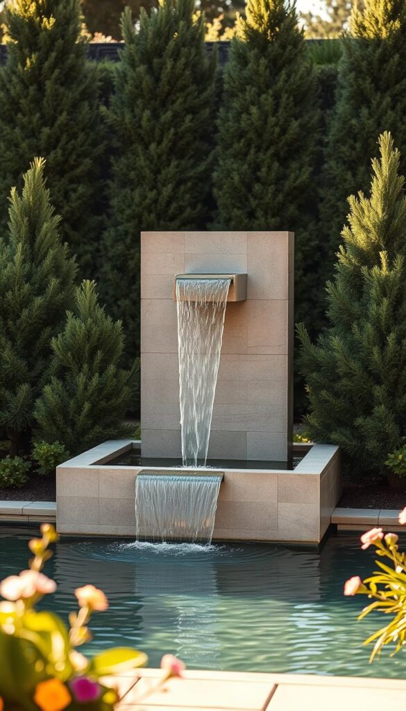 A serene modern outdoor fountain stands in a lush garden, its sleek stone structure accentuated by cascading water that gently flows into a tranquil pool below. The fountain is bathed in warm, diffused sunlight, creating a calming atmosphere and highlighting the natural textures of the materials. Surrounding the fountain are carefully arranged evergreen shrubs and flowering plants that add pops of color, complementing the minimalist design. The scene is captured from a mid-level angle, emphasizing the harmonious integration of the water feature into the landscaping. This modern, stylish outdoor fountain creates a soothing, serene living space perfect for summer relaxation.