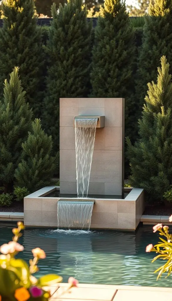 A serene modern outdoor fountain stands in a lush garden, its sleek stone structure accentuated by cascading water that gently flows into a tranquil pool below. The fountain is bathed in warm, diffused sunlight, creating a calming atmosphere and highlighting the natural textures of the materials. Surrounding the fountain are carefully arranged evergreen shrubs and flowering plants that add pops of color, complementing the minimalist design. The scene is captured from a mid-level angle, emphasizing the harmonious integration of the water feature into the landscaping. This modern, stylish outdoor fountain creates a soothing, serene living space perfect for summer relaxation.