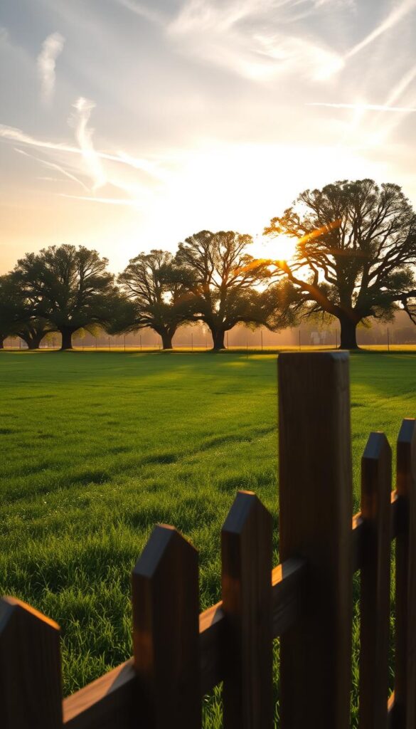 A serene morning scene with warm golden light filtering through wispy clouds, illuminating a lush, emerald green lawn. Dewdrops glisten on the freshly mowed grass, the air crisp and invigorating. In the foreground, a picturesque wooden fence frames the idyllic landscape, while in the distance, a row of majestic oak trees stand tall, their leaves gently swaying in the gentle breeze. The overall atmosphere is one of tranquility and the promise of a productive day ahead, perfect for tackling a new lawn without risk of damage. A serene morning scene with warm golden light filtering through wispy clouds, illuminating a lush, emerald green lawn. Dewdrops glisten on the freshly mowed grass, the air crisp and invigorating. In the foreground, a picturesque wooden fence frames the idyllic landscape, while in the distance, a row of majestic oak trees stand tall, their leaves gently swaying in the gentle breeze. The overall atmosphere is one of tranquility and the promise of a productive day ahead, perfect for tackling a new lawn without risk of damage.