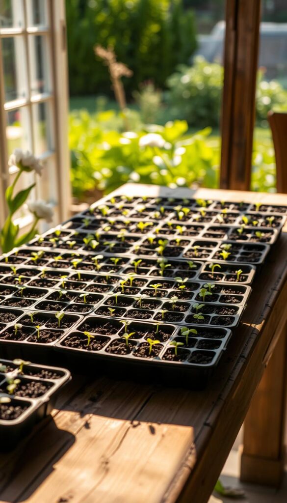 A serene, natural scene of a wooden garden table, softly lit by warm morning light. Rows of small seedling trays sit atop the table, each filled with rich, dark soil and neatly arranged rows of sprouting seeds - a variety of vegetables and herbs ready to be transplanted. Sunlight filters through a nearby window, casting gentle shadows and creating a calming, contemplative atmosphere. The table's surface is weathered and worn, adding a touch of rustic charm. In the background, a verdant, out-of-focus garden can be seen through the window, hinting at the bountiful harvest to come. This tranquil, inviting setup evokes the joy and promise of starting a new garden season. A serene, natural scene of a wooden garden table, softly lit by warm morning light. Rows of small seedling trays sit atop the table, each filled with rich, dark soil and neatly arranged rows of sprouting seeds - a variety of vegetables and herbs ready to be transplanted. Sunlight filters through a nearby window, casting gentle shadows and creating a calming, contemplative atmosphere. The table's surface is weathered and worn, adding a touch of rustic charm. In the background, a verdant, out-of-focus garden can be seen through the window, hinting at the bountiful harvest to come. This tranquil, inviting setup evokes the joy and promise of starting a new garden season.
