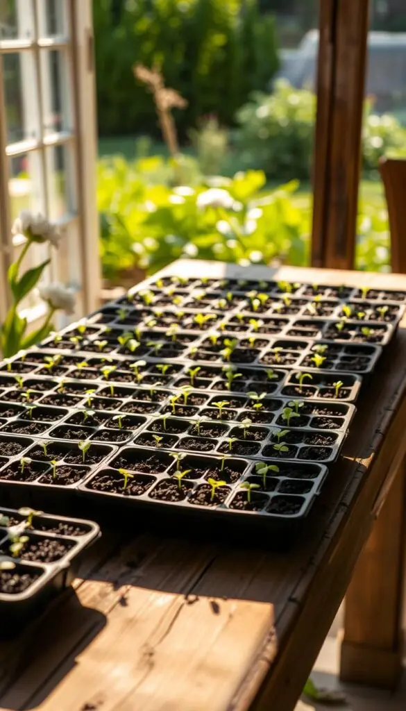 A serene, natural scene of a wooden garden table, softly lit by warm morning light. Rows of small seedling trays sit atop the table, each filled with rich, dark soil and neatly arranged rows of sprouting seeds - a variety of vegetables and herbs ready to be transplanted. Sunlight filters through a nearby window, casting gentle shadows and creating a calming, contemplative atmosphere. The table's surface is weathered and worn, adding a touch of rustic charm. In the background, a verdant, out-of-focus garden can be seen through the window, hinting at the bountiful harvest to come. This tranquil, inviting setup evokes the joy and promise of starting a new garden season. A serene, natural scene of a wooden garden table, softly lit by warm morning light. Rows of small seedling trays sit atop the table, each filled with rich, dark soil and neatly arranged rows of sprouting seeds - a variety of vegetables and herbs ready to be transplanted. Sunlight filters through a nearby window, casting gentle shadows and creating a calming, contemplative atmosphere. The table's surface is weathered and worn, adding a touch of rustic charm. In the background, a verdant, out-of-focus garden can be seen through the window, hinting at the bountiful harvest to come. This tranquil, inviting setup evokes the joy and promise of starting a new garden season.