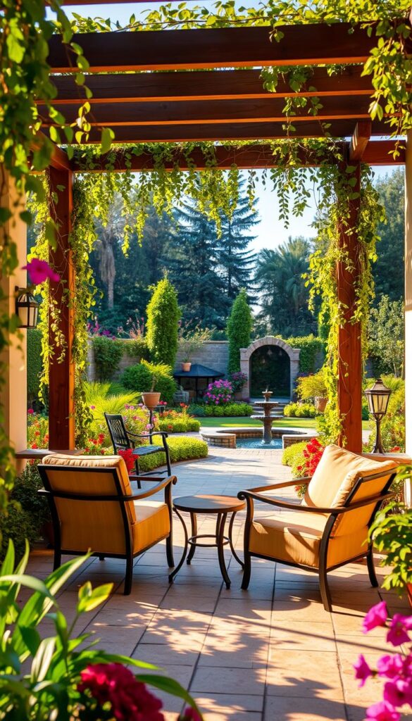 A serene outdoor patio with a comfortable seating area, surrounded by lush greenery and vibrant flowers. In the foreground, a pair of plush outdoor armchairs and a small side table, bathed in warm, natural lighting. In the middle ground, a stone or brick patio with a decorative tiled pattern, leading to a wooden pergola or arbor draped in cascading vines. In the background, a verdant garden oasis with a mix of tall trees, flowering shrubs, and a tranquil water feature, creating a calming and rejuvenating atmosphere. The overall scene conveys a sense of relaxation, inviting the viewer to step into this private, serene outdoor sanctuary. A serene outdoor patio with a comfortable seating area, surrounded by lush greenery and vibrant flowers. In the foreground, a pair of plush outdoor armchairs and a small side table, bathed in warm, natural lighting. In the middle ground, a stone or brick patio with a decorative tiled pattern, leading to a wooden pergola or arbor draped in cascading vines. In the background, a verdant garden oasis with a mix of tall trees, flowering shrubs, and a tranquil water feature, creating a calming and rejuvenating atmosphere. The overall scene conveys a sense of relaxation, inviting the viewer to step into this private, serene outdoor sanctuary.