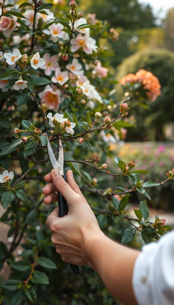 A serene outdoor scene of a person carefully pruning the branches of a lush, flowering shrub. The foreground features the gardener's hands and pruning shears, precisely snipping away dead, diseased, or damaged stems. The middle ground showcases the shrub's vibrant blooms and healthy foliage, while the background depicts a tranquil garden setting with soft, filtered sunlight. The overall mood is one of focused attention and thoughtful garden maintenance, capturing the essence of preparing a flowering shrub for maximum bloom potential. A serene outdoor scene of a person carefully pruning the branches of a lush, flowering shrub. The foreground features the gardener's hands and pruning shears, precisely snipping away dead, diseased, or damaged stems. The middle ground showcases the shrub's vibrant blooms and healthy foliage, while the background depicts a tranquil garden setting with soft, filtered sunlight. The overall mood is one of focused attention and thoughtful garden maintenance, capturing the essence of preparing a flowering shrub for maximum bloom potential.