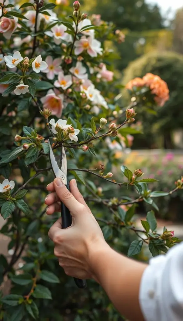 A serene outdoor scene of a person carefully pruning the branches of a lush, flowering shrub. The foreground features the gardener's hands and pruning shears, precisely snipping away dead, diseased, or damaged stems. The middle ground showcases the shrub's vibrant blooms and healthy foliage, while the background depicts a tranquil garden setting with soft, filtered sunlight. The overall mood is one of focused attention and thoughtful garden maintenance, capturing the essence of preparing a flowering shrub for maximum bloom potential. A serene outdoor scene of a person carefully pruning the branches of a lush, flowering shrub. The foreground features the gardener's hands and pruning shears, precisely snipping away dead, diseased, or damaged stems. The middle ground showcases the shrub's vibrant blooms and healthy foliage, while the background depicts a tranquil garden setting with soft, filtered sunlight. The overall mood is one of focused attention and thoughtful garden maintenance, capturing the essence of preparing a flowering shrub for maximum bloom potential.