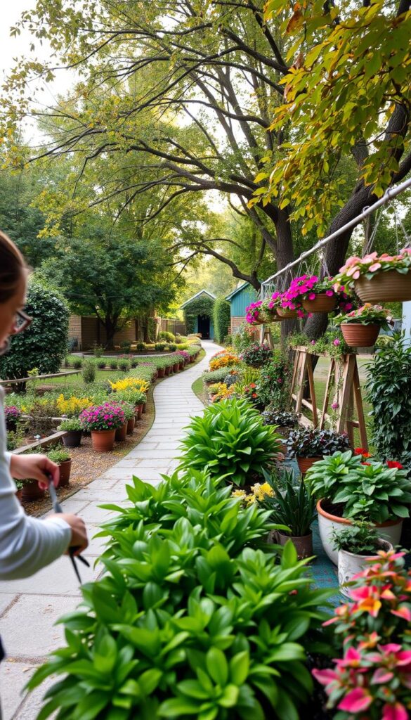 A serene outdoor scene showcasing the seasonal care process. In the foreground, a gardener tending to lush, vibrant plants, their hands gently pruning and weeding. The middle ground features an array of potted plants and hanging baskets, their colors changing with the seasons. In the background, a neatly maintained garden path winds through a backdrop of mature trees, their leaves shifting from verdant green to warm autumnal hues. Soft, natural lighting filters through the canopy, casting a gentle glow over the scene. The overall atmosphere is one of tranquility and the cyclical beauty of nature's rhythms, inviting the viewer to immerse themselves in the seasonal setup and care that keeps this outdoor zone welcoming.