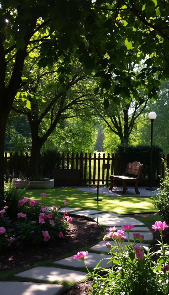 A serene outdoor space nestled amidst lush greenery, with a gently meandering path leading towards a cozy seating area. Dappled sunlight filters through the canopy of trees, casting a warm, inviting glow over the scene. In the foreground, a well-tended garden bed bursts with vibrant flowers, their petals swaying in the gentle breeze. The middle ground features a sturdy, wooden bench, inviting visitors to pause and take in the tranquil atmosphere. In the distance, a quaint, rustic fence delineates the boundaries of the space, creating a sense of privacy and seclusion. The overall mood is one of relaxation and connection with nature, perfectly suited for those seeking a harmonious outdoor retreat.