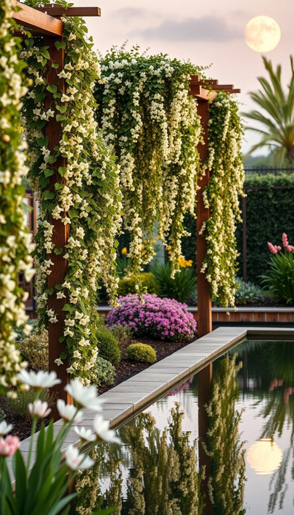 A serene spring garden with vertical trellises adorned with cascading water blooms. The foreground features lush, verdant vines climbing up the wooden trellises, their delicate flowers spilling over in a graceful, waterfall-like display. The middle ground showcases a tranquil reflecting pool, its still surface mirroring the blooms and trellises above. In the background, a softly lit, moonlit sky adds a touch of ethereal, romantic ambiance, creating a dreamlike atmosphere. The lighting is warm and diffused, casting a gentle, flattering glow on the scene. The overall composition highlights the interplay of vertical elements, water, and the natural beauty of spring.