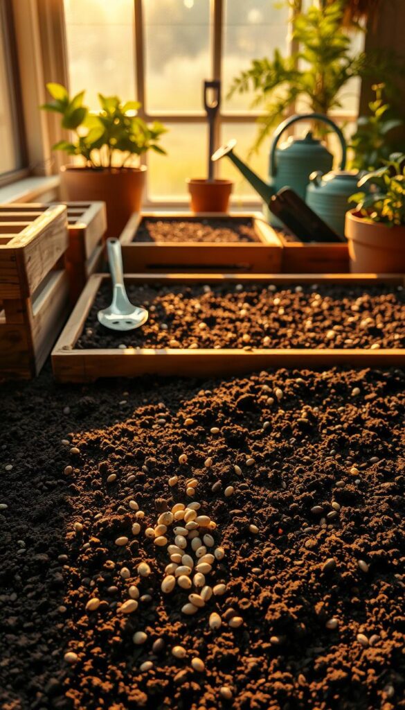 A serene, step-by-step sowing process. In the foreground, delicate seeds nestle in the rich, dark soil, ready to germinate. Warm, golden light filters through the window, casting a soft glow on the scene. Surrounding the soil, wooden crates and trays create a rustic, earthy composition. In the middle ground, gardening tools, such as trowels and watering cans, stand ready to nurture the nascent plants. The background features a tranquil, out-of-focus backdrop, suggesting a peaceful, contemplative atmosphere. The overall mood is one of quiet anticipation, as the seeds await their transformation from dormant potential to flourishing life. A serene, step-by-step sowing process. In the foreground, delicate seeds nestle in the rich, dark soil, ready to germinate. Warm, golden light filters through the window, casting a soft glow on the scene. Surrounding the soil, wooden crates and trays create a rustic, earthy composition. In the middle ground, gardening tools, such as trowels and watering cans, stand ready to nurture the nascent plants. The background features a tranquil, out-of-focus backdrop, suggesting a peaceful, contemplative atmosphere. The overall mood is one of quiet anticipation, as the seeds await their transformation from dormant potential to flourishing life.
