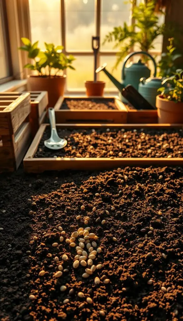 A serene, step-by-step sowing process. In the foreground, delicate seeds nestle in the rich, dark soil, ready to germinate. Warm, golden light filters through the window, casting a soft glow on the scene. Surrounding the soil, wooden crates and trays create a rustic, earthy composition. In the middle ground, gardening tools, such as trowels and watering cans, stand ready to nurture the nascent plants. The background features a tranquil, out-of-focus backdrop, suggesting a peaceful, contemplative atmosphere. The overall mood is one of quiet anticipation, as the seeds await their transformation from dormant potential to flourishing life. A serene, step-by-step sowing process. In the foreground, delicate seeds nestle in the rich, dark soil, ready to germinate. Warm, golden light filters through the window, casting a soft glow on the scene. Surrounding the soil, wooden crates and trays create a rustic, earthy composition. In the middle ground, gardening tools, such as trowels and watering cans, stand ready to nurture the nascent plants. The background features a tranquil, out-of-focus backdrop, suggesting a peaceful, contemplative atmosphere. The overall mood is one of quiet anticipation, as the seeds await their transformation from dormant potential to flourishing life.