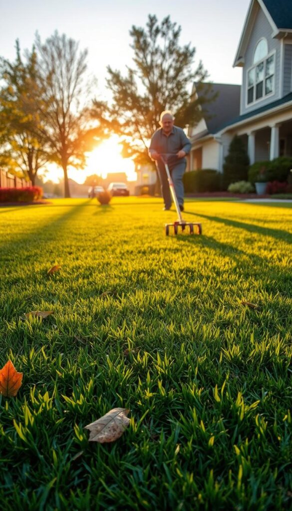A serene suburban lawn in the foreground, with lush green grass and a few scattered leaves. In the middle ground, a lawn care specialist meticulously dethatching the lawn with a specialized dethatcher tool, the blades gently lifting the accumulated thatch. Behind them, the warm, golden glow of the afternoon sun bathes the scene, casting long shadows and creating a picturesque, autumnal atmosphere. The lighting is soft and natural, with a slight depth of field to keep the focus on the dethatching process. The overall scene conveys the importance of proper lawn maintenance during the ideal aeration and dethatching season.
