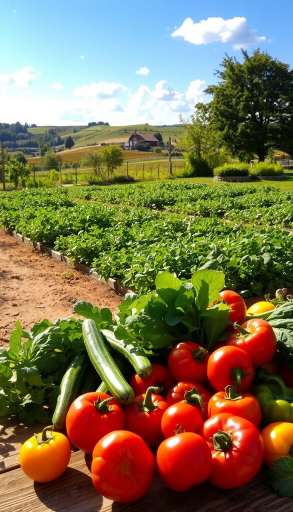 A serene summer garden scene, bathed in warm golden light. In the foreground, a bountiful harvest of vibrant vegetables - plump tomatoes, crisp cucumbers, leafy greens, and colorful peppers - arranged with care on a rustic wooden table. In the middle ground, a flourishing vegetable patch with neatly tended rows, their lush foliage swaying gently in a light breeze. The background features a picturesque countryside landscape, with rolling hills, a distant farmhouse, and a clear blue sky dotted with fluffy white clouds. The overall atmosphere is one of tranquility and abundance, inviting the viewer to imagine the satisfying harvest awaiting in the peak of summer. A serene summer garden scene, bathed in warm golden light. In the foreground, a bountiful harvest of vibrant vegetables - plump tomatoes, crisp cucumbers, leafy greens, and colorful peppers - arranged with care on a rustic wooden table. In the middle ground, a flourishing vegetable patch with neatly tended rows, their lush foliage swaying gently in a light breeze. The background features a picturesque countryside landscape, with rolling hills, a distant farmhouse, and a clear blue sky dotted with fluffy white clouds. The overall atmosphere is one of tranquility and abundance, inviting the viewer to imagine the satisfying harvest awaiting in the peak of summer.