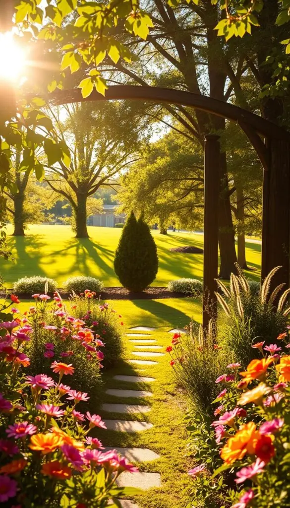 A serene, sun-dappled garden scene, bathed in warm, golden light filtering through lush foliage. The foreground features vibrant flowers blooming in a riot of colors, their petals gently swaying in a soft breeze. In the middle ground, a well-tended pathway leads the eye towards a charming arbor, its delicate lattice structure casting intricate shadows on the ground below. The background showcases a verdant, manicured lawn surrounded by tall trees, their branches casting dappled light and creating a peaceful, contemplative atmosphere. The overall scene conveys the importance of understanding a plant's light requirements, whether it thrives in full sun or prefers the gentle, filtered light of a shaded area. A serene, sun-dappled garden scene, bathed in warm, golden light filtering through lush foliage. The foreground features vibrant flowers blooming in a riot of colors, their petals gently swaying in a soft breeze. In the middle ground, a well-tended pathway leads the eye towards a charming arbor, its delicate lattice structure casting intricate shadows on the ground below. The background showcases a verdant, manicured lawn surrounded by tall trees, their branches casting dappled light and creating a peaceful, contemplative atmosphere. The overall scene conveys the importance of understanding a plant's light requirements, whether it thrives in full sun or prefers the gentle, filtered light of a shaded area.