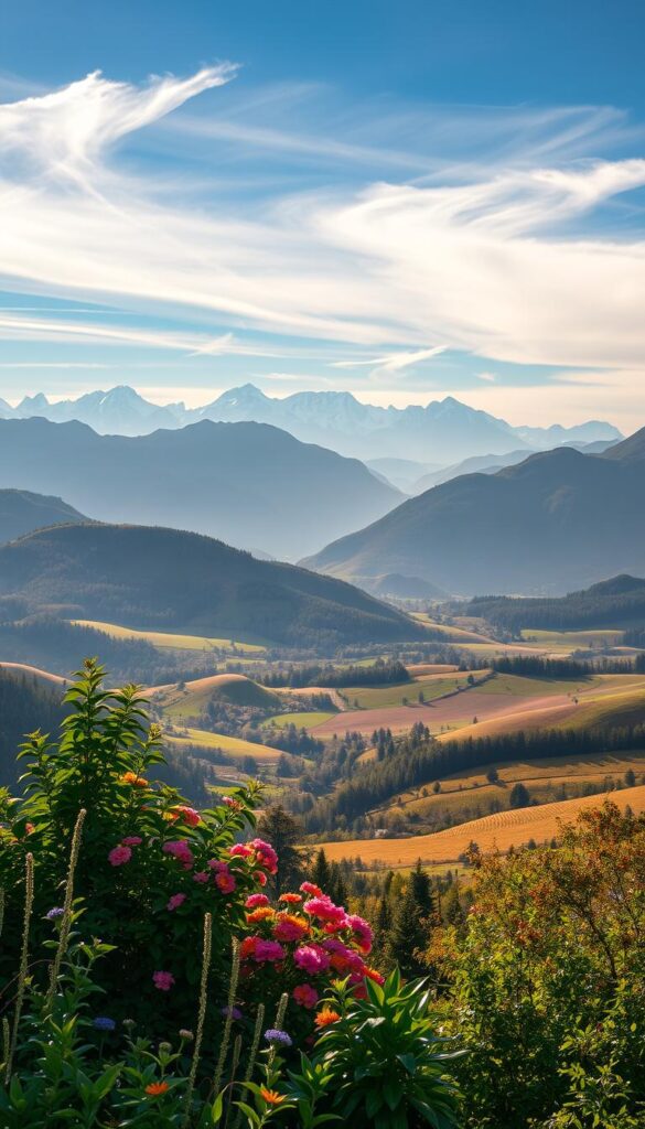 A serene, sun-dappled landscape showcasing diverse climates and conditions. In the foreground, a lush garden flourishes with vibrant flowers and verdant foliage, bathed in warm, golden light. In the middle ground, rolling hills undulate, their slopes covered in a patchwork of meadows, forests, and agricultural fields. Beyond, towering mountain peaks pierce the azure sky, their snow-capped summits glittering under a crisp, clear atmosphere. Wispy clouds drift lazily overhead, casting dynamic shadows that dance across the terrain. The overall scene conveys a sense of harmony between nature's varied microclimates, each offering unique challenges and opportunities for the discerning gardener. A serene, sun-dappled landscape showcasing diverse climates and conditions. In the foreground, a lush garden flourishes with vibrant flowers and verdant foliage, bathed in warm, golden light. In the middle ground, rolling hills undulate, their slopes covered in a patchwork of meadows, forests, and agricultural fields. Beyond, towering mountain peaks pierce the azure sky, their snow-capped summits glittering under a crisp, clear atmosphere. Wispy clouds drift lazily overhead, casting dynamic shadows that dance across the terrain. The overall scene conveys a sense of harmony between nature's varied microclimates, each offering unique challenges and opportunities for the discerning gardener.