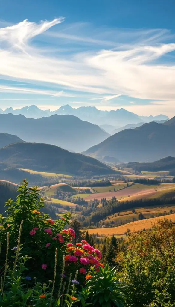 A serene, sun-dappled landscape showcasing diverse climates and conditions. In the foreground, a lush garden flourishes with vibrant flowers and verdant foliage, bathed in warm, golden light. In the middle ground, rolling hills undulate, their slopes covered in a patchwork of meadows, forests, and agricultural fields. Beyond, towering mountain peaks pierce the azure sky, their snow-capped summits glittering under a crisp, clear atmosphere. Wispy clouds drift lazily overhead, casting dynamic shadows that dance across the terrain. The overall scene conveys a sense of harmony between nature's varied microclimates, each offering unique challenges and opportunities for the discerning gardener. A serene, sun-dappled landscape showcasing diverse climates and conditions. In the foreground, a lush garden flourishes with vibrant flowers and verdant foliage, bathed in warm, golden light. In the middle ground, rolling hills undulate, their slopes covered in a patchwork of meadows, forests, and agricultural fields. Beyond, towering mountain peaks pierce the azure sky, their snow-capped summits glittering under a crisp, clear atmosphere. Wispy clouds drift lazily overhead, casting dynamic shadows that dance across the terrain. The overall scene conveys a sense of harmony between nature's varied microclimates, each offering unique challenges and opportunities for the discerning gardener.
