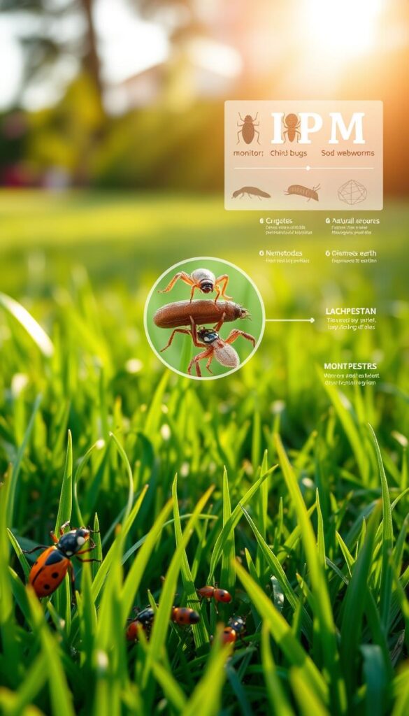 A serene, sun-dappled lawn with a meticulously detailed step-by-step guide to integrated pest management (IPM). In the foreground, lush green grass and a variety of beneficial insects like ladybugs, lacewings, and spiders, their vibrant colors captured in crisp detail. The middle ground features a magnified view of common lawn pests - grubs, chinch bugs, and sod webworms - alongside natural control methods like nematodes and diatomaceous earth. In the background, a softly blurred illustration of the IPM process, with steps like monitoring, identifying, and employing eco-friendly solutions. The entire scene is bathed in warm, golden light, conveying a sense of organic harmony and gentle, effective pest management. A serene, sun-dappled lawn with a meticulously detailed step-by-step guide to integrated pest management (IPM). In the foreground, lush green grass and a variety of beneficial insects like ladybugs, lacewings, and spiders, their vibrant colors captured in crisp detail. The middle ground features a magnified view of common lawn pests - grubs, chinch bugs, and sod webworms - alongside natural control methods like nematodes and diatomaceous earth. In the background, a softly blurred illustration of the IPM process, with steps like monitoring, identifying, and employing eco-friendly solutions. The entire scene is bathed in warm, golden light, conveying a sense of organic harmony and gentle, effective pest management.