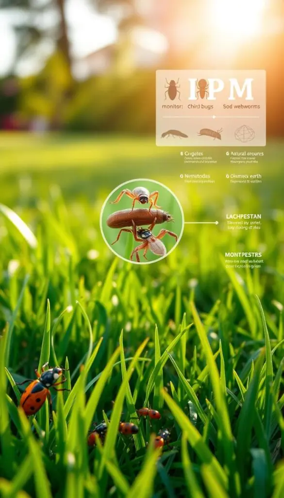 A serene, sun-dappled lawn with a meticulously detailed step-by-step guide to integrated pest management (IPM). In the foreground, lush green grass and a variety of beneficial insects like ladybugs, lacewings, and spiders, their vibrant colors captured in crisp detail. The middle ground features a magnified view of common lawn pests - grubs, chinch bugs, and sod webworms - alongside natural control methods like nematodes and diatomaceous earth. In the background, a softly blurred illustration of the IPM process, with steps like monitoring, identifying, and employing eco-friendly solutions. The entire scene is bathed in warm, golden light, conveying a sense of organic harmony and gentle, effective pest management.