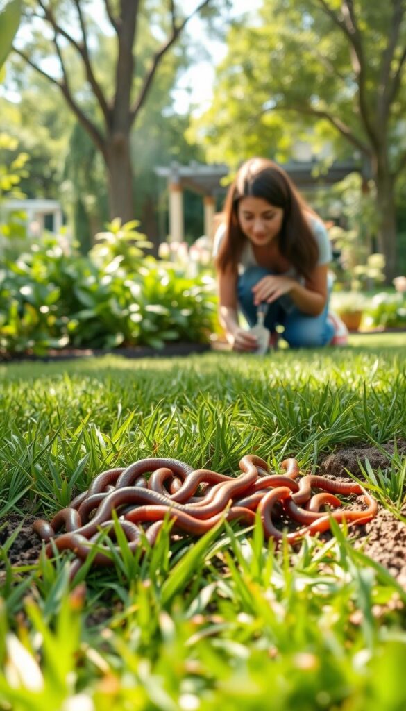 A serene, sun-dappled lawn with lush, verdant grass. In the foreground, a cluster of healthy earthworms and grubs peacefully coexist, thriving in the nutrient-rich soil. In the middle ground, a woman kneels, gently tending to the lawn with a small garden trowel, her expression one of calm concentration. The background depicts a tranquil garden, with flourishing plants and a soft, diffused natural light filtering through the canopy of trees overhead, creating a warm, soothing atmosphere.