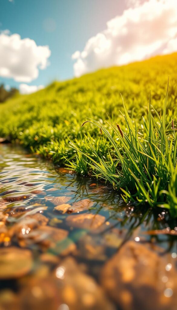 A serene, sun-dappled scene of fresh, crystal-clear water gently flowing over a lush, verdant lawn. The foreground features a shallow stream with a smooth, reflective surface, mirroring the surrounding greenery. In the middle ground, blades of grass sway softly in a light breeze, their tips glistening with moisture. The background showcases a vibrant, healthy lawn, its emerald hue complemented by the azure sky above, dotted with fluffy white clouds. The lighting is warm and natural, casting a gentle glow across the entire composition, evoking a sense of tranquility and rejuvenation. Captured with a wide-angle lens, this image conveys the ideal conditions for successful lawn reseeding and early lawn care. A serene, sun-dappled scene of fresh, crystal-clear water gently flowing over a lush, verdant lawn. The foreground features a shallow stream with a smooth, reflective surface, mirroring the surrounding greenery. In the middle ground, blades of grass sway softly in a light breeze, their tips glistening with moisture. The background showcases a vibrant, healthy lawn, its emerald hue complemented by the azure sky above, dotted with fluffy white clouds. The lighting is warm and natural, casting a gentle glow across the entire composition, evoking a sense of tranquility and rejuvenation. Captured with a wide-angle lens, this image conveys the ideal conditions for successful lawn reseeding and early lawn care.