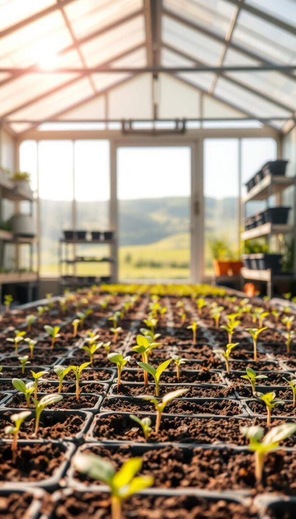 A serene, sunlit greenhouse interior. In the foreground, rows of small seedling trays filled with rich soil. Delicate sprouts push through the soil, their verdant leaves reaching towards the warm, diffused light filtering through the glass panes. In the middle ground, well-organized shelves and potting supplies, hinting at the care and attention given to this process. The background fades into a tranquil, natural landscape visible through the windows - rolling hills, lush greenery, and a clear sky. The overall scene conveys a sense of quiet anticipation, a gentle beginning to a bountiful growing season. A serene, sunlit greenhouse interior. In the foreground, rows of small seedling trays filled with rich soil. Delicate sprouts push through the soil, their verdant leaves reaching towards the warm, diffused light filtering through the glass panes. In the middle ground, well-organized shelves and potting supplies, hinting at the care and attention given to this process. The background fades into a tranquil, natural landscape visible through the windows - rolling hills, lush greenery, and a clear sky. The overall scene conveys a sense of quiet anticipation, a gentle beginning to a bountiful growing season.