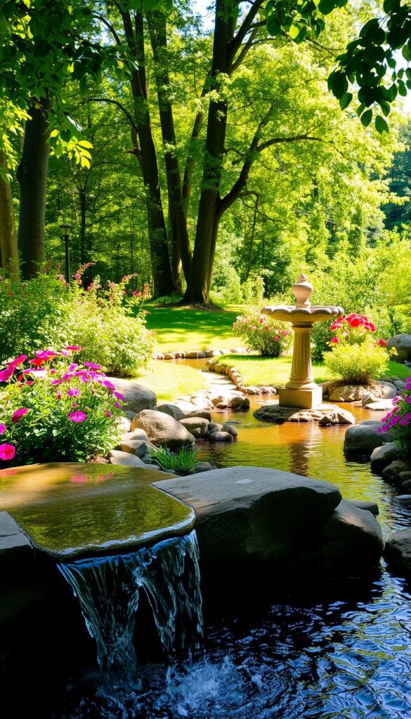 A serene water feature garden set in the dappled sunlight of a lush, verdant landscape. In the foreground, a gently flowing fountain, its crystal-clear waters cascading over smooth, weathered stones. Nearby, a classic birdbath stands as a tranquil focal point, surrounded by an array of colorful blooming flowers. In the middle ground, a small, meandering stream adds a soothing, ambient sound, its surface reflecting the soft, natural light. In the background, a backdrop of towering trees and verdant foliage frames the scene, creating a sense of privacy and enclosure. The overall atmosphere is one of calm, relaxation, and a harmonious connection with the natural world.