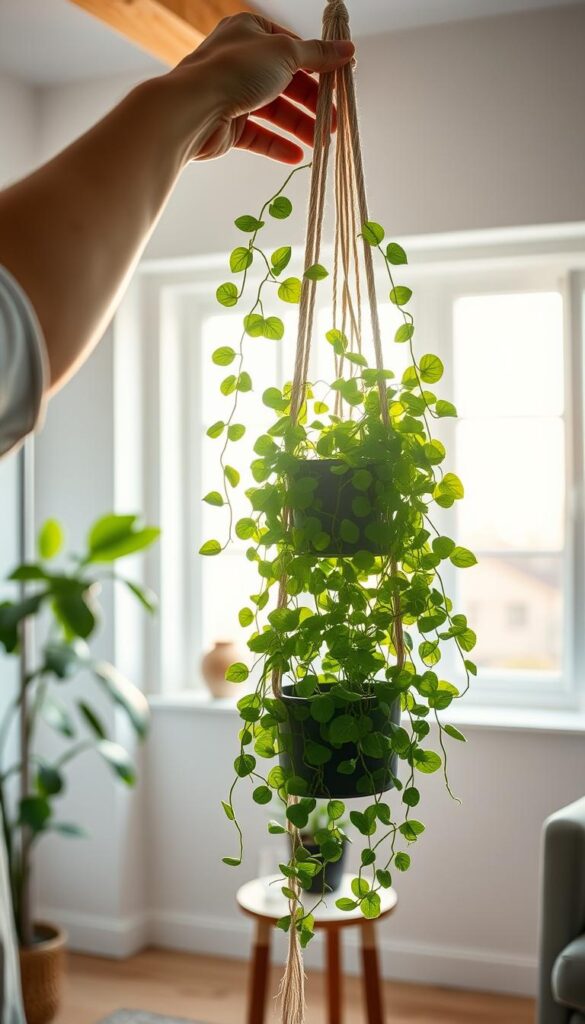 A serene, well-lit indoor scene showcasing the process of hanging a lush, trailing houseplant. In the foreground, a human hand gently secures a macrame plant hanger to the ceiling, with the plant's vibrant green foliage cascading down. The middle ground features a wooden or metal plant stand, providing a sturdy base for the potted plant. The background depicts a cozy, minimalist living space with natural light streaming in through large windows, creating a warm, inviting atmosphere. The image conveys a sense of tranquility and the joys of bringing nature indoors. A serene, well-lit indoor scene showcasing the process of hanging a lush, trailing houseplant. In the foreground, a human hand gently secures a macrame plant hanger to the ceiling, with the plant's vibrant green foliage cascading down. The middle ground features a wooden or metal plant stand, providing a sturdy base for the potted plant. The background depicts a cozy, minimalist living space with natural light streaming in through large windows, creating a warm, inviting atmosphere. The image conveys a sense of tranquility and the joys of bringing nature indoors.