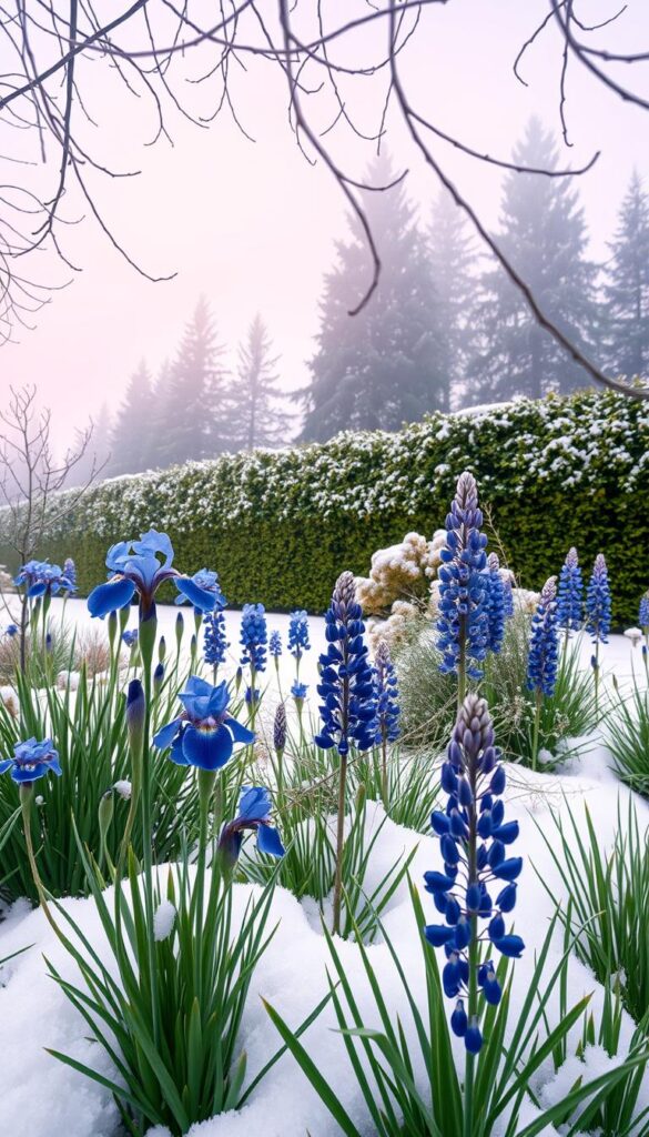 A serene winter garden, blanketed in a soft layer of snow. In the foreground, vibrant blue flowers - delicate irises and bold lupins - stand tall, their petals glistening in the soft, diffused light. The middle ground reveals a lush, evergreen backdrop of towering pines and leafy hedges, creating a sense of depth and warmth. The background is dominated by a dreamy, hazy sky, tinged with pastel hues of pink and lavender, casting a magical glow over the entire scene. The composition is framed by gently arching branches, their delicate silhouettes adding a touch of elegance. A wide-angle lens captures the enchanting landscape, inviting the viewer to step into this enchanting winter oasis. A serene winter garden, blanketed in a soft layer of snow. In the foreground, vibrant blue flowers - delicate irises and bold lupins - stand tall, their petals glistening in the soft, diffused light. The middle ground reveals a lush, evergreen backdrop of towering pines and leafy hedges, creating a sense of depth and warmth. The background is dominated by a dreamy, hazy sky, tinged with pastel hues of pink and lavender, casting a magical glow over the entire scene. The composition is framed by gently arching branches, their delicate silhouettes adding a touch of elegance. A wide-angle lens captures the enchanting landscape, inviting the viewer to step into this enchanting winter oasis.