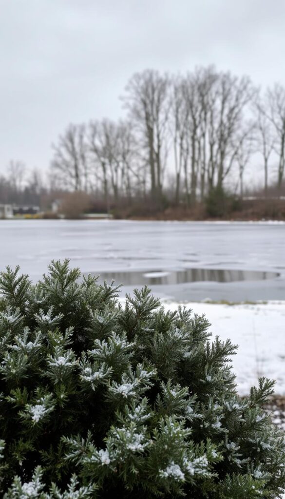 A serene winter garden scene, with a soft, muted color palette. In the foreground, a cluster of evergreen shrubs, their leaves dusted with a light snowfall, creating a delicate textural contrast. In the middle ground, a frozen pond reflects the soft, diffused light from an overcast sky, its surface broken by the occasional shard of ice. Beyond, a stand of bare deciduous trees, their silhouettes creating a calming, minimalist backdrop. The overall atmosphere is one of quiet contemplation, a moment of tranquility amidst the gray days of winter.