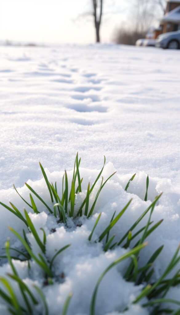 A serene winter landscape with a pristine layer of snow gently blanketing a lush green lawn. The foreground features a closeup view of the grass, with delicate blades peeking through the crisp, white cover, protected from the elements. In the middle ground, a subtle pattern of footprints or tire tracks is visible, indicating minimal disturbance. The background showcases a tranquil scene, perhaps with a distant tree line or a cozy house, bathed in soft, diffused natural lighting that accentuates the tranquil mood. The overall composition conveys a sense of harmony and care, where the grass beneath the snow is safeguarded from potential damage. A serene winter landscape with a pristine layer of snow gently blanketing a lush green lawn. The foreground features a closeup view of the grass, with delicate blades peeking through the crisp, white cover, protected from the elements. In the middle ground, a subtle pattern of footprints or tire tracks is visible, indicating minimal disturbance. The background showcases a tranquil scene, perhaps with a distant tree line or a cozy house, bathed in soft, diffused natural lighting that accentuates the tranquil mood. The overall composition conveys a sense of harmony and care, where the grass beneath the snow is safeguarded from potential damage.