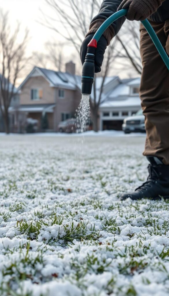 A serene winter scene with a homeowner carefully watering their dormant lawn, using a hose and a sprinkler head. The foreground shows the sprinkler's gentle spray against a backdrop of a snow-dusted yard, with the homeowner's boots and gloved hands visible. The middle ground features the lawn, blanketed in a light layer of snow, glistening in the soft, overcast lighting. In the background, bare trees and a cozy suburban house complete the tranquil, wintry setting. The overall mood is one of mindful, practical care, as the homeowner ensures their lawn receives the proper hydration during the dormant season. A serene winter scene with a homeowner carefully watering their dormant lawn, using a hose and a sprinkler head. The foreground shows the sprinkler's gentle spray against a backdrop of a snow-dusted yard, with the homeowner's boots and gloved hands visible. The middle ground features the lawn, blanketed in a light layer of snow, glistening in the soft, overcast lighting. In the background, bare trees and a cozy suburban house complete the tranquil, wintry setting. The overall mood is one of mindful, practical care, as the homeowner ensures their lawn receives the proper hydration during the dormant season.