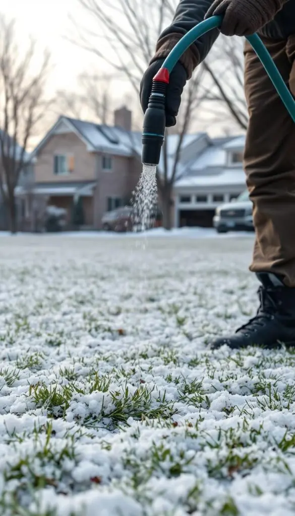 A serene winter scene with a homeowner carefully watering their dormant lawn, using a hose and a sprinkler head. The foreground shows the sprinkler's gentle spray against a backdrop of a snow-dusted yard, with the homeowner's boots and gloved hands visible. The middle ground features the lawn, blanketed in a light layer of snow, glistening in the soft, overcast lighting. In the background, bare trees and a cozy suburban house complete the tranquil, wintry setting. The overall mood is one of mindful, practical care, as the homeowner ensures their lawn receives the proper hydration during the dormant season. A serene winter scene with a homeowner carefully watering their dormant lawn, using a hose and a sprinkler head. The foreground shows the sprinkler's gentle spray against a backdrop of a snow-dusted yard, with the homeowner's boots and gloved hands visible. The middle ground features the lawn, blanketed in a light layer of snow, glistening in the soft, overcast lighting. In the background, bare trees and a cozy suburban house complete the tranquil, wintry setting. The overall mood is one of mindful, practical care, as the homeowner ensures their lawn receives the proper hydration during the dormant season.