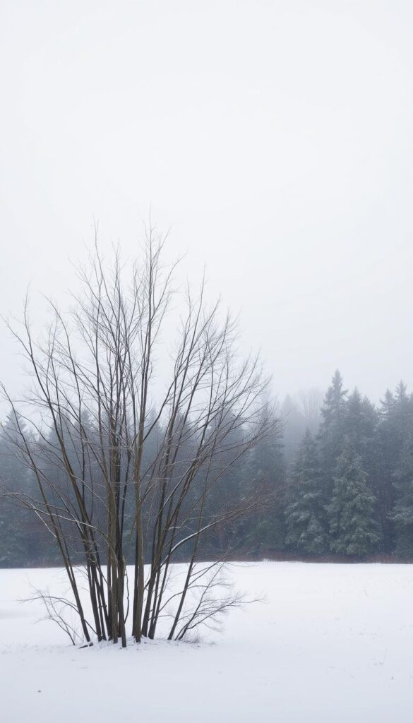 A serene winterscape with a gentle snowfall and soft, muted lighting. In the foreground, a cluster of slender, bare-branched deciduous trees stand in graceful silhouette against a backdrop of lush, evergreen conifers. The middle ground features a dusting of snow on the ground, creating a peaceful, tranquil atmosphere. Overhead, a diffuse, overcast sky casts a soft, even glow, accentuating the tranquil mood. The scene evokes a sense of quiet contemplation and the subtle beauty of nature during the dormant winter season. A serene winterscape with a gentle snowfall and soft, muted lighting. In the foreground, a cluster of slender, bare-branched deciduous trees stand in graceful silhouette against a backdrop of lush, evergreen conifers. The middle ground features a dusting of snow on the ground, creating a peaceful, tranquil atmosphere. Overhead, a diffuse, overcast sky casts a soft, even glow, accentuating the tranquil mood. The scene evokes a sense of quiet contemplation and the subtle beauty of nature during the dormant winter season.