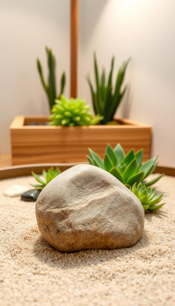 A serene, zen-inspired indoor garden scene with a carefully curated focal point. In the foreground, a smooth, polished river rock sits atop a bed of fine sand, its natural contours and hues drawing the eye. Surrounding it, a delicate arrangement of lush, emerald-green succulents and carefully placed pebbles create a sense of balance and harmony. Soft, diffused lighting from overhead casts a warm, natural glow, accentuating the textures and tones. In the background, a simple, clean-lined wooden planter box blends seamlessly with the minimalist decor, allowing the focal point to take center stage. An atmosphere of tranquility and intentional design permeates the scene, inviting the viewer to pause and contemplate the beauty of this carefully crafted mini-garden. A serene, zen-inspired indoor garden scene with a carefully curated focal point. In the foreground, a smooth, polished river rock sits atop a bed of fine sand, its natural contours and hues drawing the eye. Surrounding it, a delicate arrangement of lush, emerald-green succulents and carefully placed pebbles create a sense of balance and harmony. Soft, diffused lighting from overhead casts a warm, natural glow, accentuating the textures and tones. In the background, a simple, clean-lined wooden planter box blends seamlessly with the minimalist decor, allowing the focal point to take center stage. An atmosphere of tranquility and intentional design permeates the scene, inviting the viewer to pause and contemplate the beauty of this carefully crafted mini-garden.