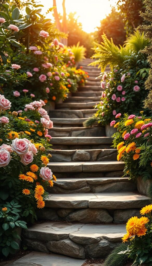 A set of rustic stone steps leading through a lush, manicured flower garden. The steps are flanked by vibrant blooms in a variety of colors, including delicate pink roses, cheerful yellow marigolds, and verdant ferns. Warm, natural lighting filters through the foliage, casting a soft, inviting glow on the scene. The steps are wide and sturdy, with a gentle curve that draws the eye forward, inviting exploration of the garden beyond. The overall atmosphere is one of tranquility and beauty, highlighting the importance of safe, well-designed paths and entry points in a flourishing outdoor space. A set of rustic stone steps leading through a lush, manicured flower garden. The steps are flanked by vibrant blooms in a variety of colors, including delicate pink roses, cheerful yellow marigolds, and verdant ferns. Warm, natural lighting filters through the foliage, casting a soft, inviting glow on the scene. The steps are wide and sturdy, with a gentle curve that draws the eye forward, inviting exploration of the garden beyond. The overall atmosphere is one of tranquility and beauty, highlighting the importance of safe, well-designed paths and entry points in a flourishing outdoor space.