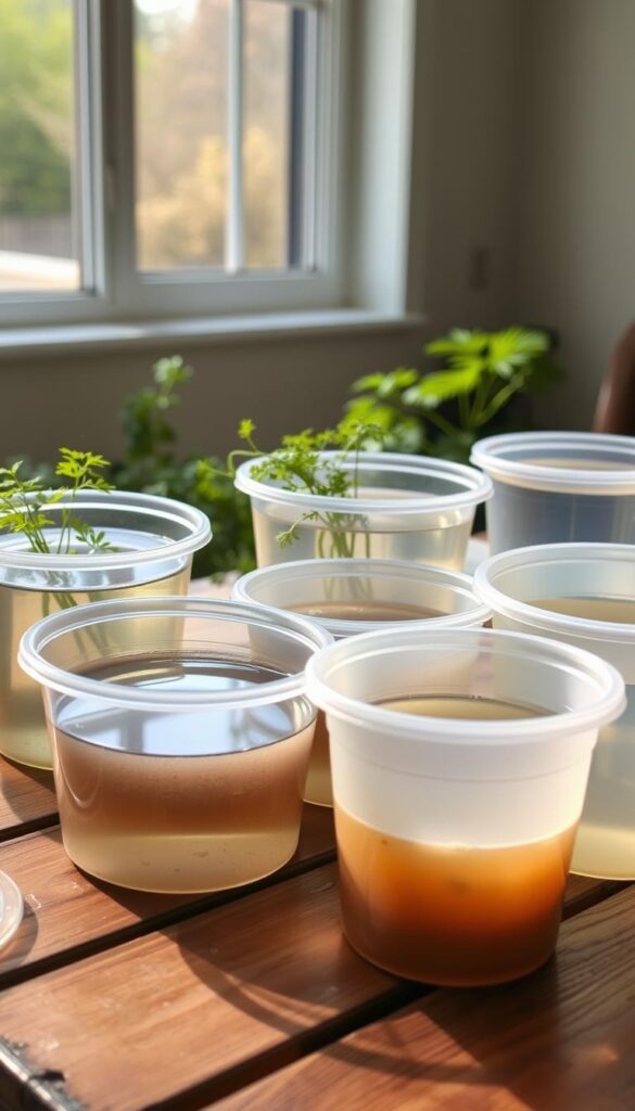 A set of water-filled plastic containers in various sizes, arranged neatly on a wooden garden table. The containers have a translucent, slightly tinted appearance, allowing the water level to be visible. They are positioned in a way that creates a visually balanced and aesthetically pleasing composition. Soft, diffused natural light filters through a nearby window, casting gentle shadows and highlights on the containers. The overall scene conveys a sense of organization, attention to detail, and a focus on maintaining the proper moisture levels for growing carrots in containers. A set of water-filled plastic containers in various sizes, arranged neatly on a wooden garden table. The containers have a translucent, slightly tinted appearance, allowing the water level to be visible. They are positioned in a way that creates a visually balanced and aesthetically pleasing composition. Soft, diffused natural light filters through a nearby window, casting gentle shadows and highlights on the containers. The overall scene conveys a sense of organization, attention to detail, and a focus on maintaining the proper moisture levels for growing carrots in containers.