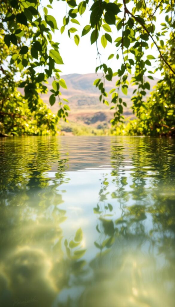 A shallow pool of clear, still surface water glistening in the warm afternoon sunlight. The water reflects the verdant foliage of lush, overhanging plants creating a serene, natural atmosphere. The foreground shows the smooth, shimmering surface of the water, while the middle ground features the vibrant green leaves and stems of aquatic flora. The background is filled with a soft, hazy landscape of rolling hills and a bright, cloudless sky. The lighting is soft and diffused, creating a calming, inviting mood. Captured with a wide-angle lens to emphasize the tranquil, expansive feel of the scene. A shallow pool of clear, still surface water glistening in the warm afternoon sunlight. The water reflects the verdant foliage of lush, overhanging plants creating a serene, natural atmosphere. The foreground shows the smooth, shimmering surface of the water, while the middle ground features the vibrant green leaves and stems of aquatic flora. The background is filled with a soft, hazy landscape of rolling hills and a bright, cloudless sky. The lighting is soft and diffused, creating a calming, inviting mood. Captured with a wide-angle lens to emphasize the tranquil, expansive feel of the scene.